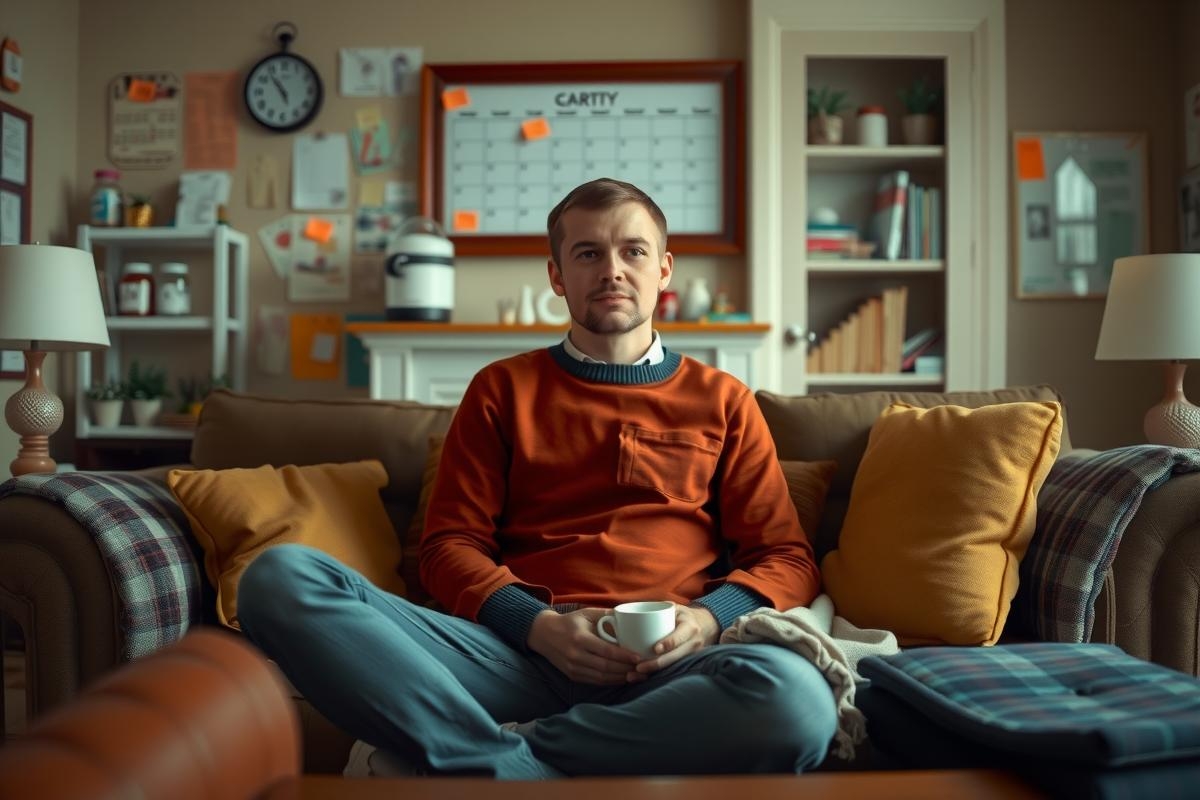 In this image, we see a man sitting on a couch in an indoor setting that appears to be a living room or den.