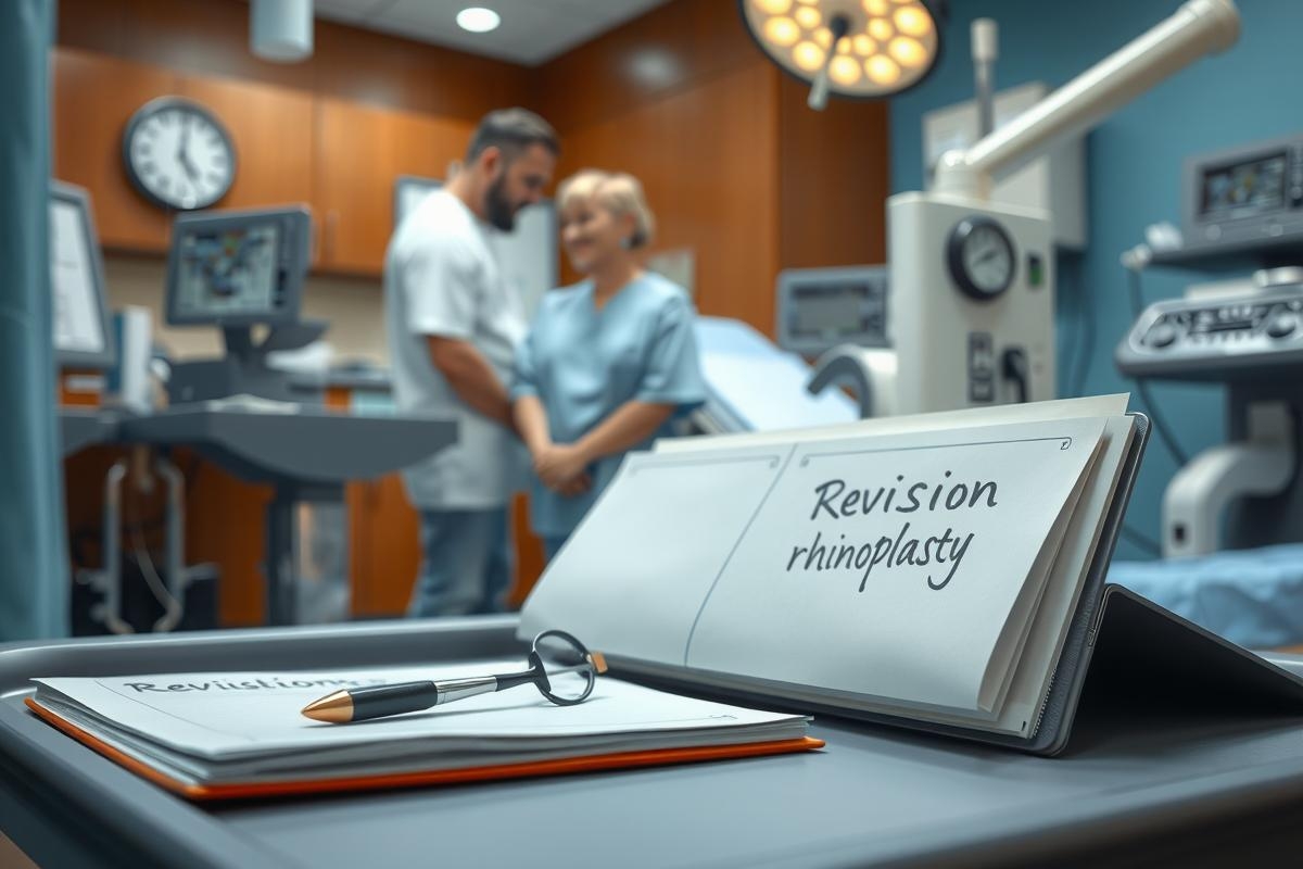In an image showing a hospital room, two doctors or nurses are engaged in conversation. On the table is a notepad with 'Revision Rhinoplasty' written on it, indicating that this might be a review session.