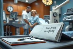 In an image showing a hospital room, two doctors or nurses are engaged in conversation. On the table is a notepad with 'Revision Rhinoplasty' written on it, indicating that this might be a review session.