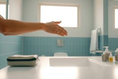 Close-up of a hand washing at a bright blue bathroom sink. Modern design with clean lines and minimalist decor. Focus on hygiene and freshness.