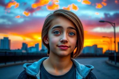 A young person with short hair and a grey hoodie stands confidently in front of an urban backdrop with a sunset. The individual's gaze is directed towards the viewer, capturing attention with their direct engagement.