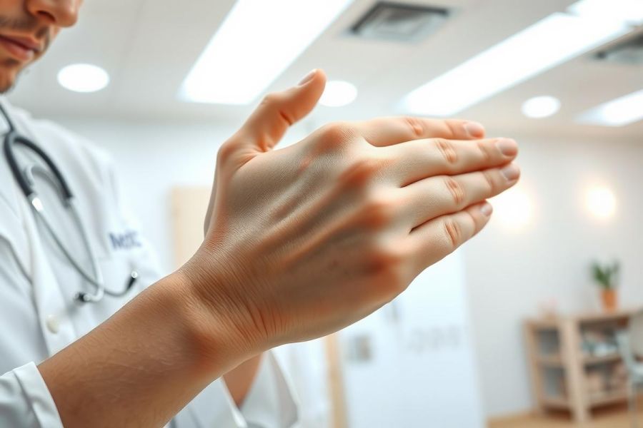 Healthcare worker in scrubs performing hand hygiene. Close-up shot in a medical setting with a clean, bright environment. Focus on sanitation and patient safety procedures.