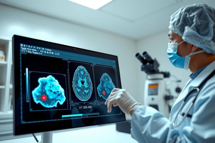 Doctor examines brain MRI scan on a monitor in a lab. Focus on medical diagnostics, neurological research, and healthcare technology. White coat, mask, and focused analysis of the image.