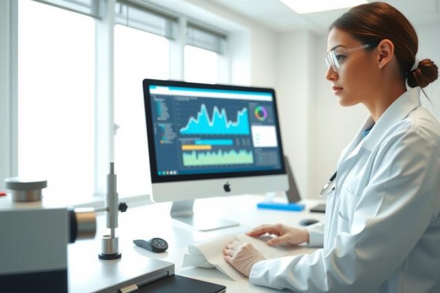 Scientist analyzing data on a computer in a lab. Focus on research and data analysis, with equipment and a monitor displaying graphs. Bright, clean environment.