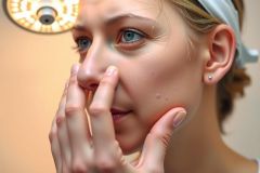 Close-up of a woman undergoing a medical procedure, likely cosmetic. The image focuses on her face, with a warm, clinical lighting. Her hands are raised near her face. A surgical environment is suggested.