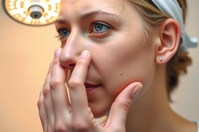 Close-up of a woman undergoing a medical procedure, likely cosmetic. The image focuses on her face, with a warm, clinical lighting. Her hands are raised near her face. A surgical environment is suggested.