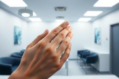 Close-up of hands in a waiting room or clinic setting. Blue chairs and a clean, modern interior create a calm atmosphere. Focus on hands suggests anticipation or readiness.