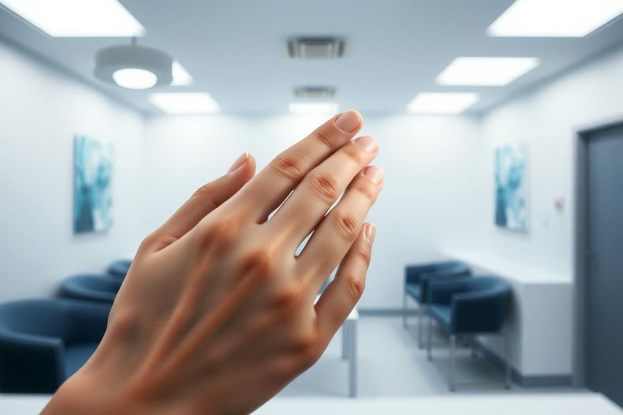 Close-up of hands in a waiting room or clinic setting. Blue chairs and a clean, modern interior create a calm atmosphere. Focus on hands suggests anticipation or readiness.