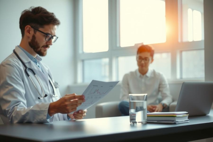 Doctor reviewing medical documents in a modern office setting. He's wearing a white coat and glasses, focused on paperwork on a table with a laptop and other office supplies. Bright and professional environment.