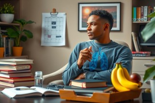 In the image, a young man is seated at a desk. He has his chin resting on his hand and appears to be in deep thought or contemplation. The desk is cluttered with books, papers, and various other items suggesting an office environment. There are also potted plants adding a touch of greenery to the scene.