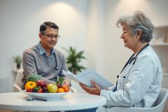 Doctor consults with a patient about healthy eating. The scene features a doctor in a white coat, a man with a stethoscope, and a bowl of fresh fruits and vegetables in a bright, modern office setting. Focus on health, nutrition, and medical consultation.