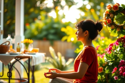 The image shows a woman sitting in a yoga pose, possibly meditating. She is wearing a red shirt and has her hair pulled back into a bun. The setting appears to be an outdoor space with sunlight streaming through the windows.