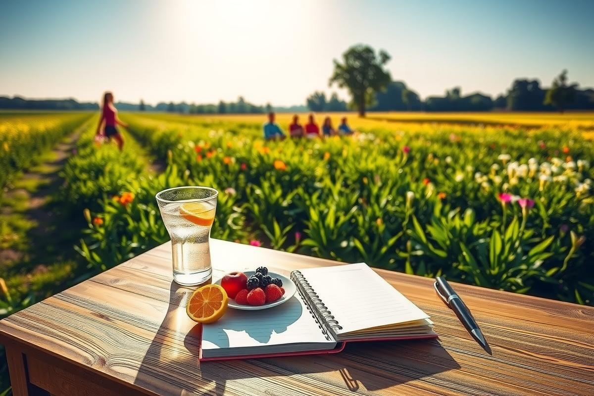 A scene of a serene outdoor setting with a wooden table holding a water bottle, book, pen, and bowl of fruit, all under the sun on what appears to be a pleasant day. The environment suggests a location near farmland or in an open field.
