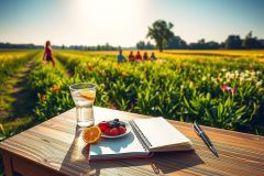 A scene of a serene outdoor setting with a wooden table holding a water bottle, book, pen, and bowl of fruit, all under the sun on what appears to be a pleasant day. The environment suggests a location near farmland or in an open field.