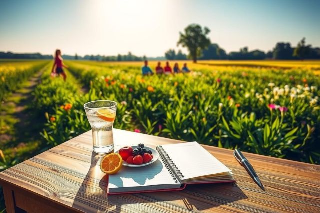 A scene of a serene outdoor setting with a wooden table holding a water bottle, book, pen, and bowl of fruit, all under the sun on what appears to be a pleasant day. The environment suggests a location near farmland or in an open field.