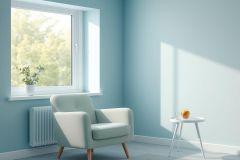 Bright, airy interior featuring a cozy blue armchair, a window with greenery, and sunlight streaming across a light blue wall. Minimalist room design with a small table and an apple, creating a peaceful and relaxing home atmosphere. Modern decor, tranquil space.
