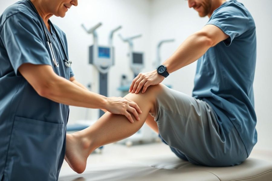 Medical examination in a clinic. A healthcare professional examines a patient's leg, likely assessing for injury or pain. Blue scrubs and medical equipment are visible in the bright, clean environment. Focus on physical therapy and patient care.