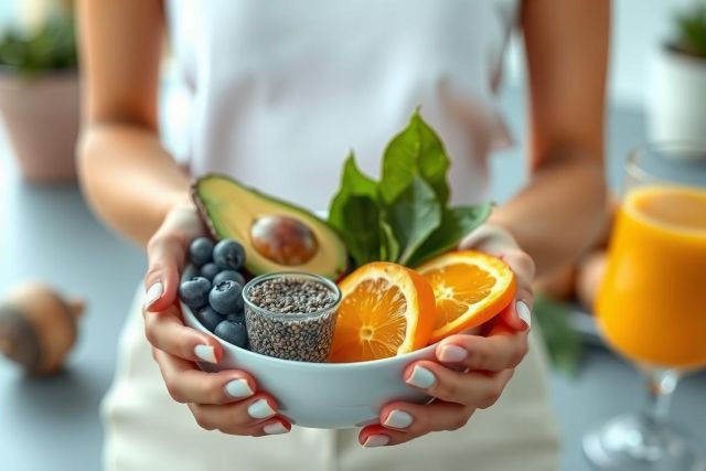 Close-up of a bowl of fresh fruit including avocado, orange slices, and blueberries, held in hands. Healthy breakfast or snack concept. Bright, natural lighting.