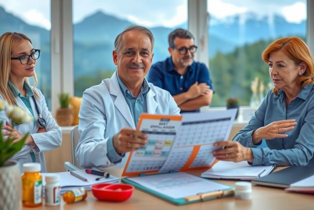 A group of professionals, including a doctor and nurse, gathered in an office setting. They are engaged in conversation, possibly discussing medical topics or reviewing patient records.