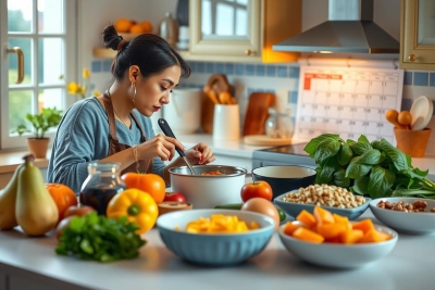 A woman in a kitchen, preparing food. She is surrounded by various fresh fruits and vegetables displayed on the countertop and on the stove. The kitchen has white cabinets and walls, creating a bright and clean environment.