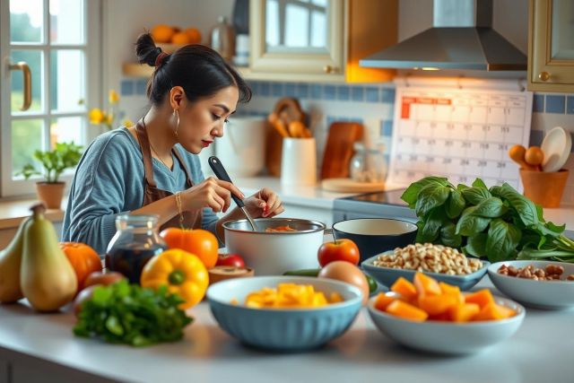 A woman in a kitchen, preparing food. She is surrounded by various fresh fruits and vegetables displayed on the countertop and on the stove. The kitchen has white cabinets and walls, creating a bright and clean environment.