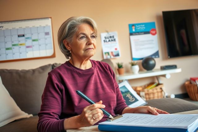 The image depicts an elderly woman sitting in a cozy room, engrossed in writing on papers. She is showing her focused demeanor. The environment suggests she is at home, possibly working or studying.