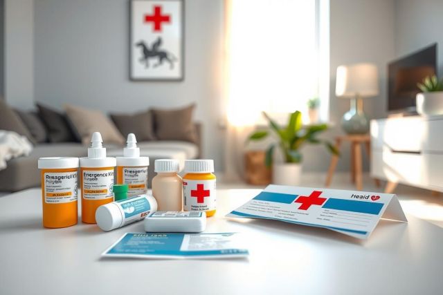 Prescription medication and a health record on a table, set in a brightly lit home interior. Focus on wellness and healthcare, with a clean, modern aesthetic. Yellow, orange, and white tones dominate the scene.