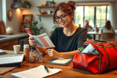 A woman with glasses is sitting at a desk in what appears to be an office or cafe setting. She's wearing a dark top and has papers, packed luggage, and other miscellaneous items on the table.