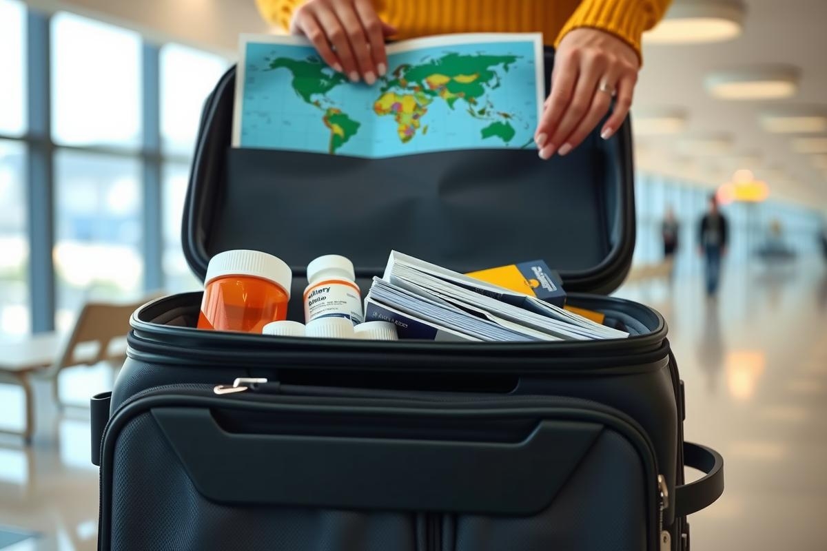 The image shows an open suitcase filled with various items. The most noticeable items are bottles, which suggest the person may be traveling and preparing for a trip or bringing medication on board. There is also a map, indicating that travel plans are involved. The environment appears to be inside an airport terminal, possibly near a check-in counter or baggage drop-off point, as suggested by the architectural features in the background.