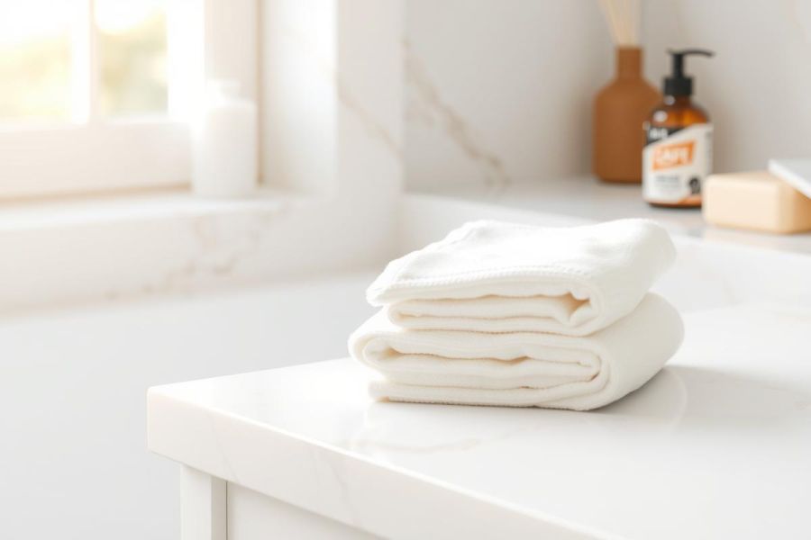 Stack of white towels on a marble countertop in a bright, minimalist bathroom. Clean, spa-like ambiance with natural light and simple decor.