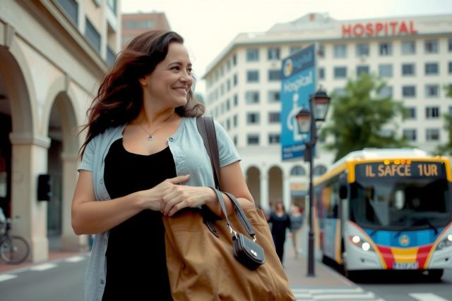 The image shows a woman walking on a city street. She has long hair and is wearing a blue top over a black dress, carrying a tan handbag.