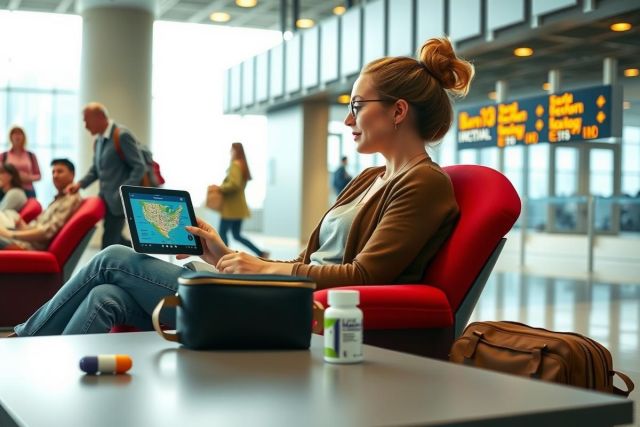 Woman using tablet at airport waiting area. She's seated near a table with luggage and medication, amidst a busy travel scene. Red chairs and a modern interior create a vibrant atmosphere.