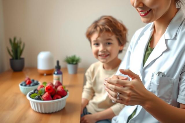 A young girl sits near bowls of fresh berries in a bright, modern kitchen. A woman in a lab coat gestures nearby, suggesting a healthy or wellness context. Warm lighting and a clean aesthetic create a positive and inviting scene.