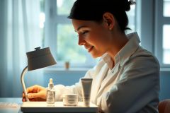 Close-up of a person examining skincare products on a table bathed in natural light. Focus on beauty, wellness, and self-care with a minimalist aesthetic. Products include a cream and serum.