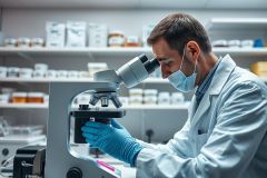 Scientist in a lab coat and mask examining a sample under a microscope. Sterile environment with shelves of supplies. Focus on research, science, and laboratory work. Blue gloves and bright lighting.