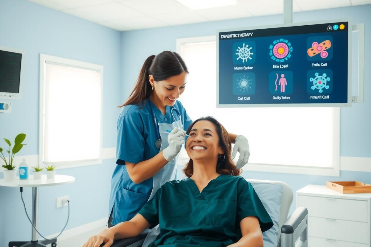 A medical professional in scrubs is examining a patient's mouth. The setting appears to be a healthcare facility with modern equipment and an electronic tablet displaying information about the patient's condition.