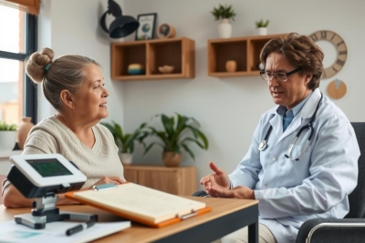 The image shows an indoor setting where a doctor is seated at a desk, engaged in conversation with an older woman who is sitting opposite. The doctor is wearing a white coat and has papers on the desk in front of him.