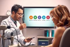 The image depicts a professional setting with two individuals. On the left, a person is dressed in a white lab coat and dark glasses, standing behind a desk equipped with medical equipment such as an otoscope.