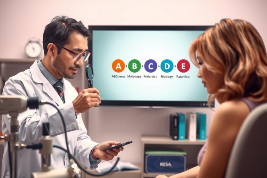 The image depicts a professional setting with two individuals. On the left, a person is dressed in a white lab coat and dark glasses, standing behind a desk equipped with medical equipment such as an otoscope.
