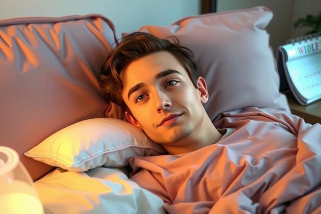 The image shows a young man lying in bed. He is dressed in a light-colored shirt and appears to be at peace or resting. His environment seems serene, as indicated by the soft lighting and calm atmosphere.