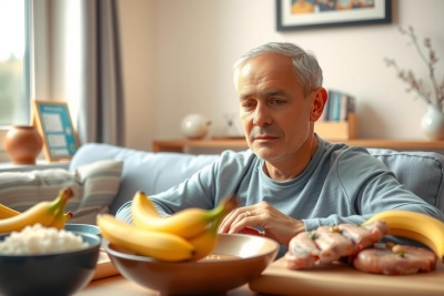 The image features a man sitting at a dining table with various food items in front of him. He appears to be in a living room, as suggested by the homey decor and natural light. The bowls contain rice, and there are bunches of bananas on the table.