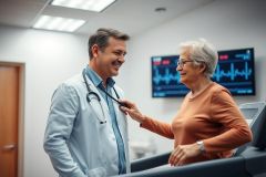 Doctor examines senior patient on treadmill in a clinic. Warm tones and a focus on healthcare, wellness, and cardiology. Shows a medical checkup with an ECG monitor visible in the background.