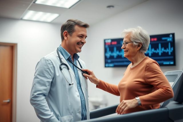 Doctor examines senior patient on treadmill in a clinic. Warm tones and a focus on healthcare, wellness, and cardiology. Shows a medical checkup with an ECG monitor visible in the background.