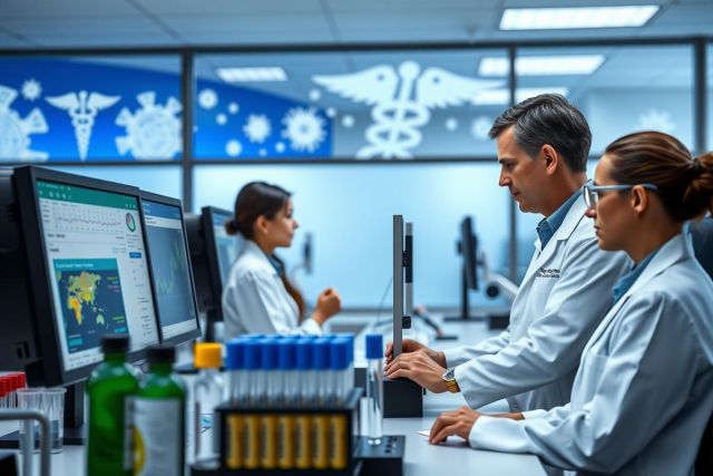 The image depicts a professional setting with three individuals in white lab coats, likely scientists or doctors, working together on computer screens. They are engaged in what appears to be medical research or analysis given the presence of test tubes and other scientific equipment around them.