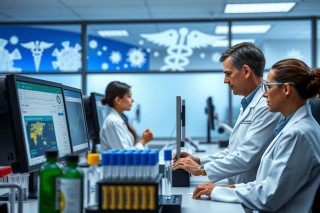 The image depicts a professional setting with three individuals in white lab coats, likely scientists or doctors, working together on computer screens. They are engaged in what appears to be medical research or analysis given the presence of test tubes and other scientific equipment around them.