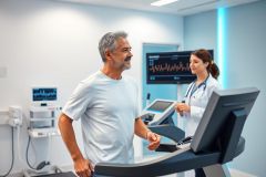 Man exercising on a treadmill during a medical fitness test. A female doctor monitors his progress in a bright, modern clinic setting with blue accents and ECG displays. Focus on cardiac health and preventative care.