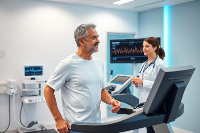 Man exercising on a treadmill during a medical fitness test. A female doctor monitors his progress in a bright, modern clinic setting with blue accents and ECG displays. Focus on cardiac health and preventative care.