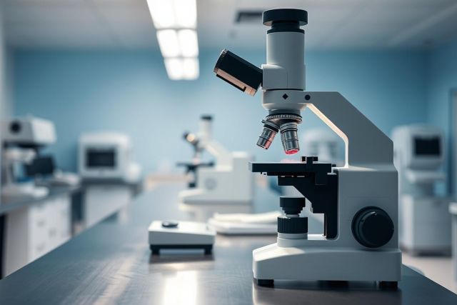 Close-up of a white laboratory microscope in a modern science lab. Blue lighting highlights the equipment, suggesting research and analysis. Focus is on the microscope, with other lab instruments blurred in the background. A scientific and technical image.