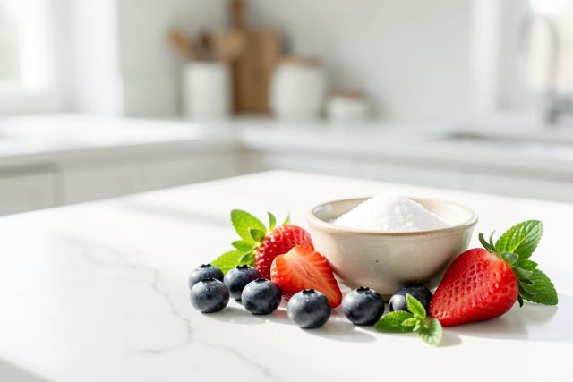 Fresh strawberries, blueberries, and green mint leaves are beautifully arranged on a white marble countertop in a bright, modern kitchen. A small ceramic bowl filled with white sugar sits next to the colorful berries, highlighting a healthy and fresh culinary theme against a soft, blurred background.