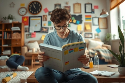 A person, possibly a student, is sitting on the floor in front of a cluttered desk, surrounded by various items like books, papers, and personal belongings. They are engrossed in reading through a spiral-bound planner or calendar booklet, which is open on their lap.